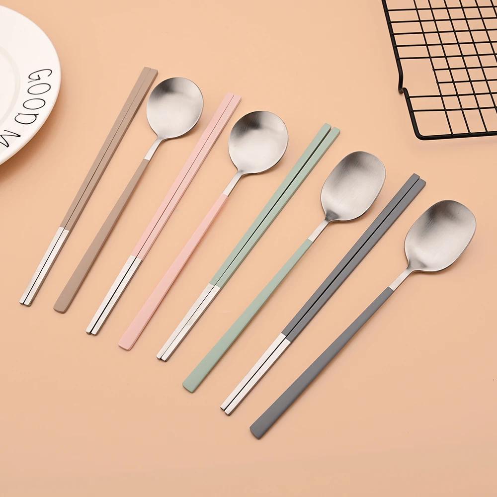Pink Silver Matte Korean Tableware Set 6Pcs Luxury Cutlery Set Stainless Steel Dinnerware Spoon Chopsticks Flatware Cutlery Set