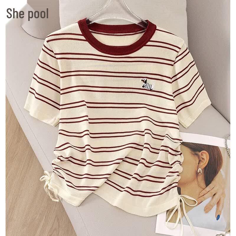 Women s Color-Block Striped Drawstring Waist Knit T-Shirt One Size