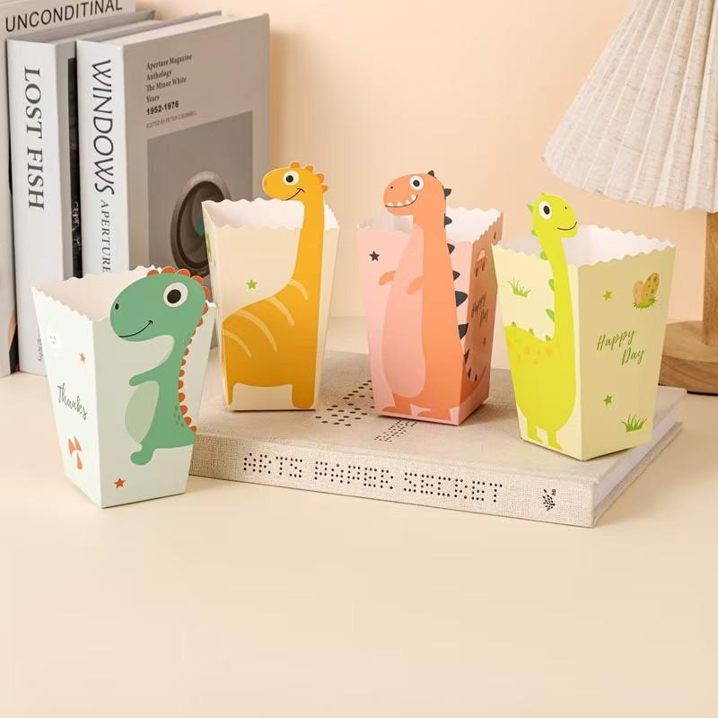 Dinosaur Themed Popcorn Box Cartoon Printed Candy Packaging Children's Birthday Baby's First Year Party Decoration Box Disposable Food Containers