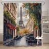 Autumn Paris Shower Curtain: Eiffel Tower, Vintage Cars, Red-Awned Buildings, Fall Foliage, 12 Hooks, Washable, Polyester