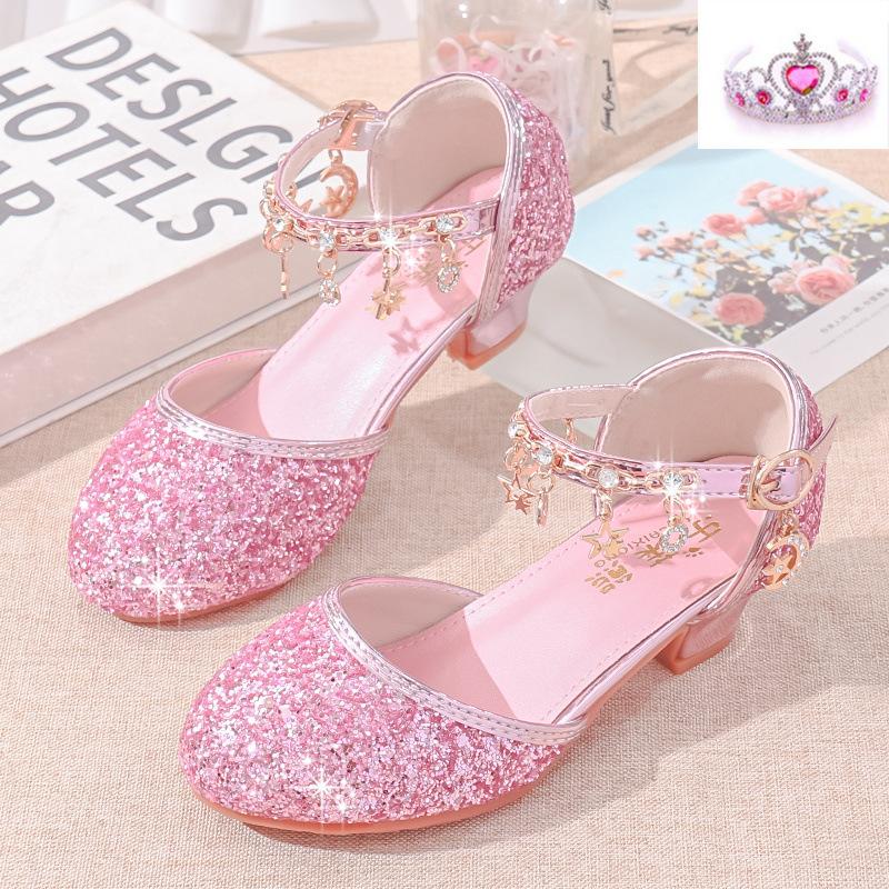 

Туфлі принцеси для дівчаток 2025 нові дитячі туфлі на високих підборах туфельки з кристалами для маленької дівчинки сценічні туфлі для ведучої для дефіле сріблясті 39 yards 23.5CM