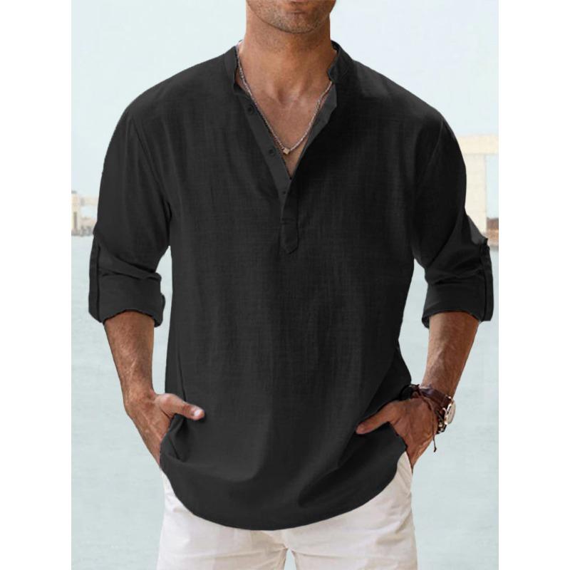 

Linen Stand Collar Long Sleeved T-shirt Loose Sweatshirt Solid Color Long Sleeved Cotton Linen Shirt for Men XL чорний
