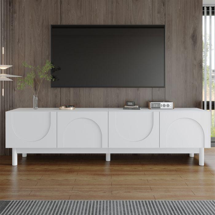 Meuble TV Blanc Moderne 169x35x45,5 cm Meuble TV Bas avec 4 Portes sans Poignée, Rangement et Pieds en Bois Massif - Design Ondulé