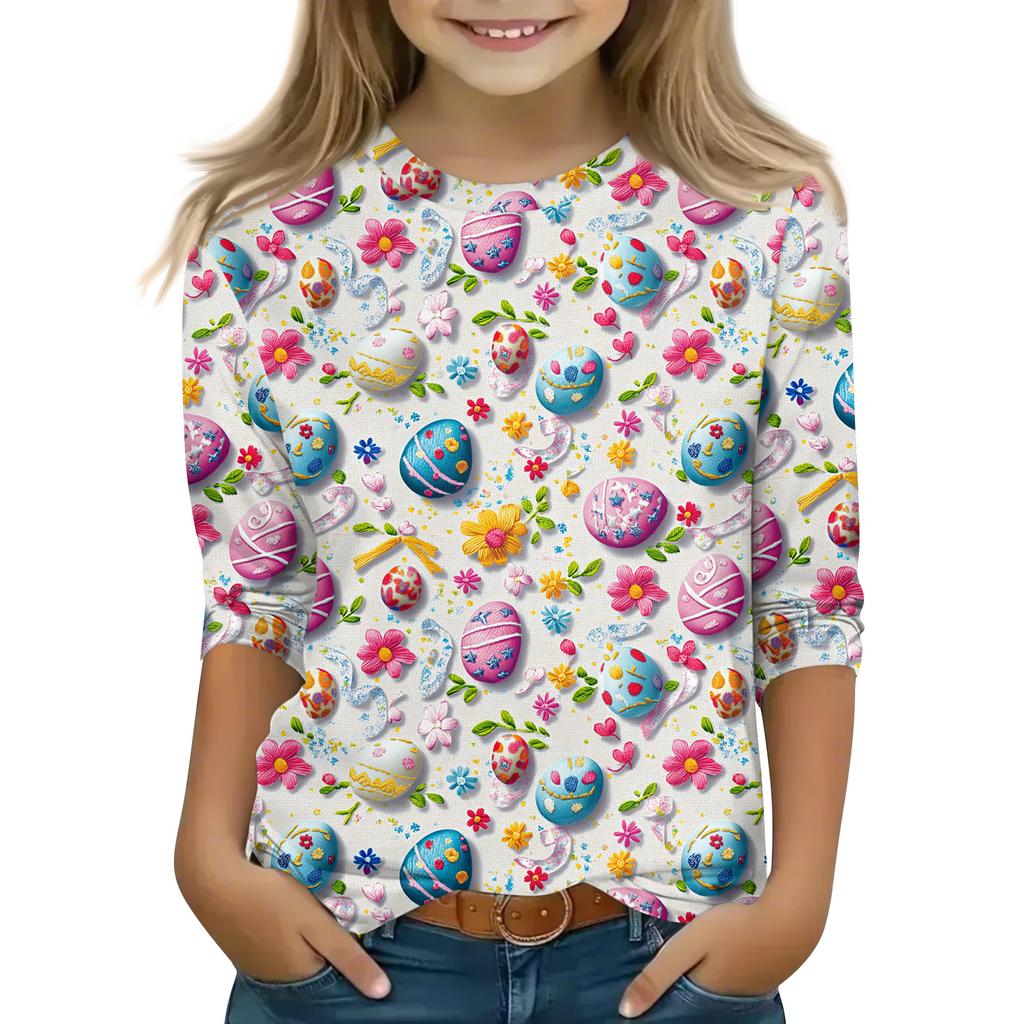 Print Tops For Youth Girls Round Neck 3/4 Sleeves T-Shirts Trendy Tops Outfit Tees