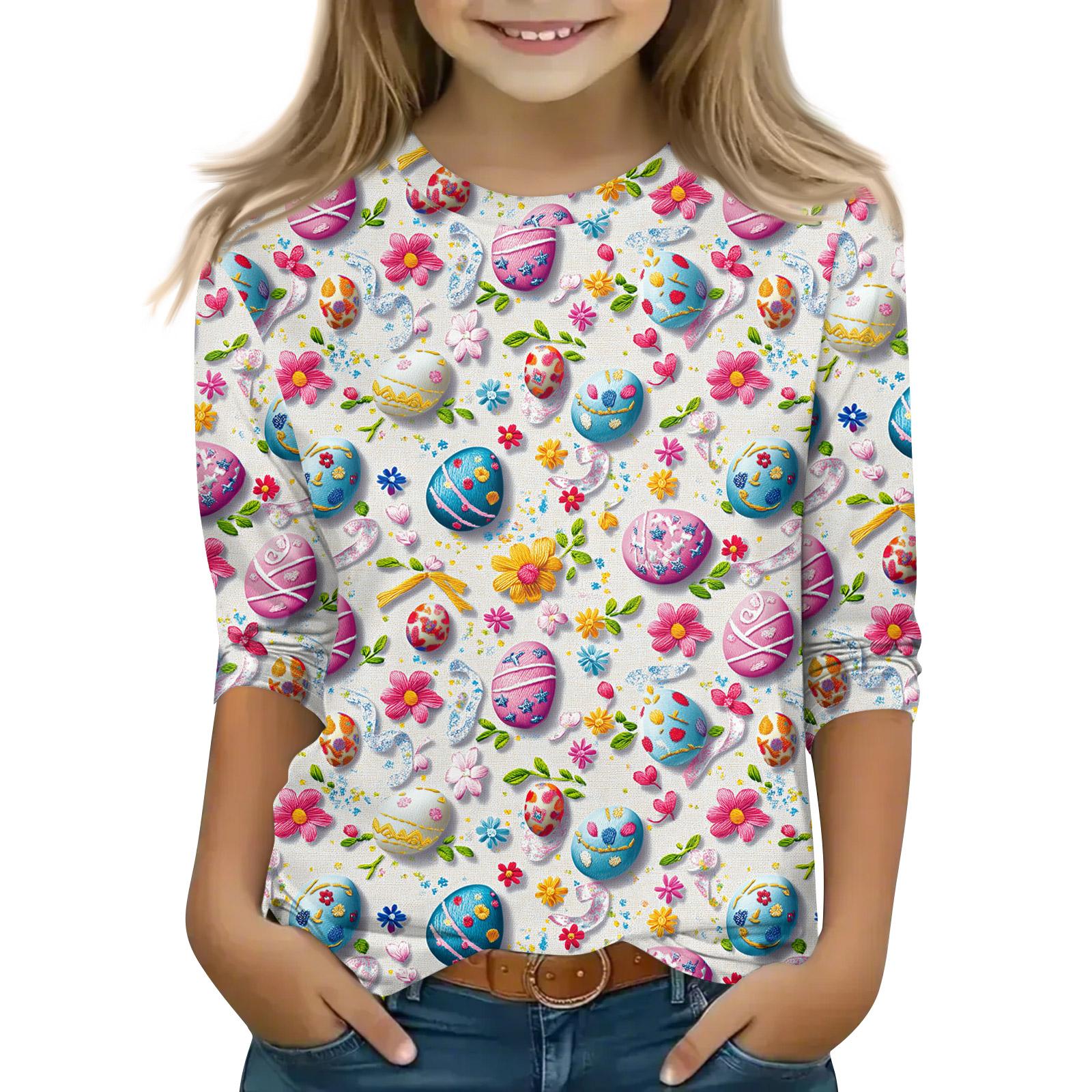 

Print Tops For Youth Girls Round Neck 3/4 Sleeves T-Shirts Trendy Tops Outfit Tees 150 белый