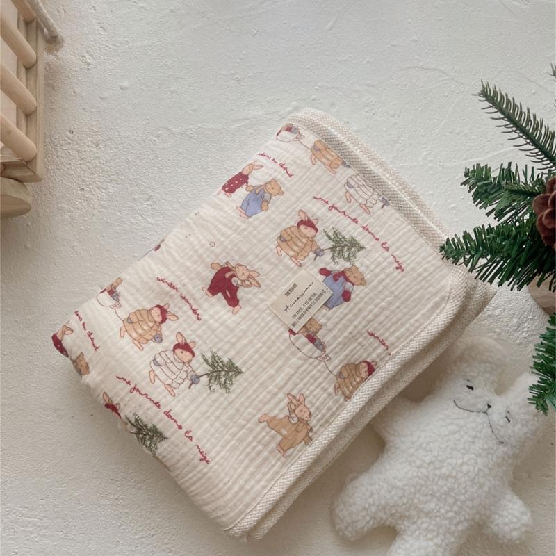 Couverture en Coton Imprimé Réversible Bord Crochet Fleur Couverture Polyvalente Double Épaisseur Chaude pour Bébés & Adultes