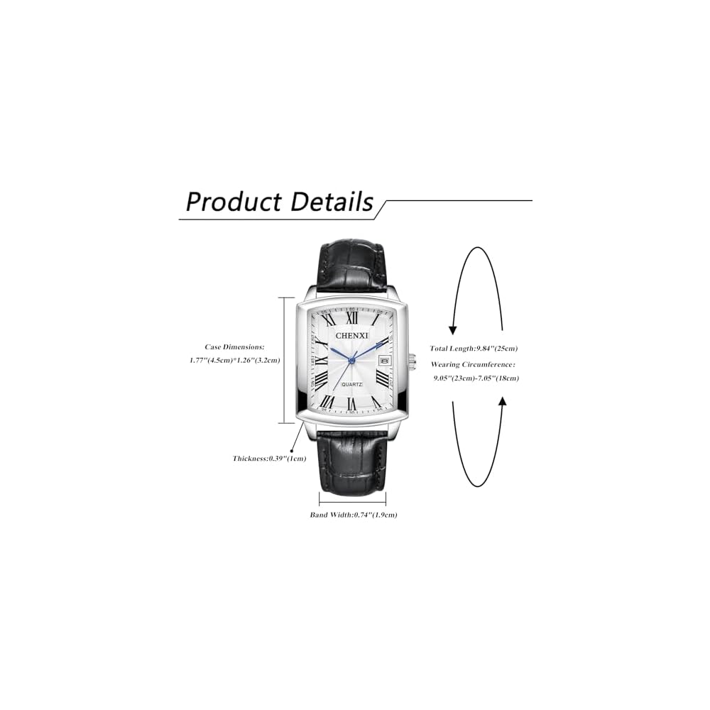 Men's Analog Quartz Watch Silver Black Leather Strap Calendar Waterproof Antique Square Design