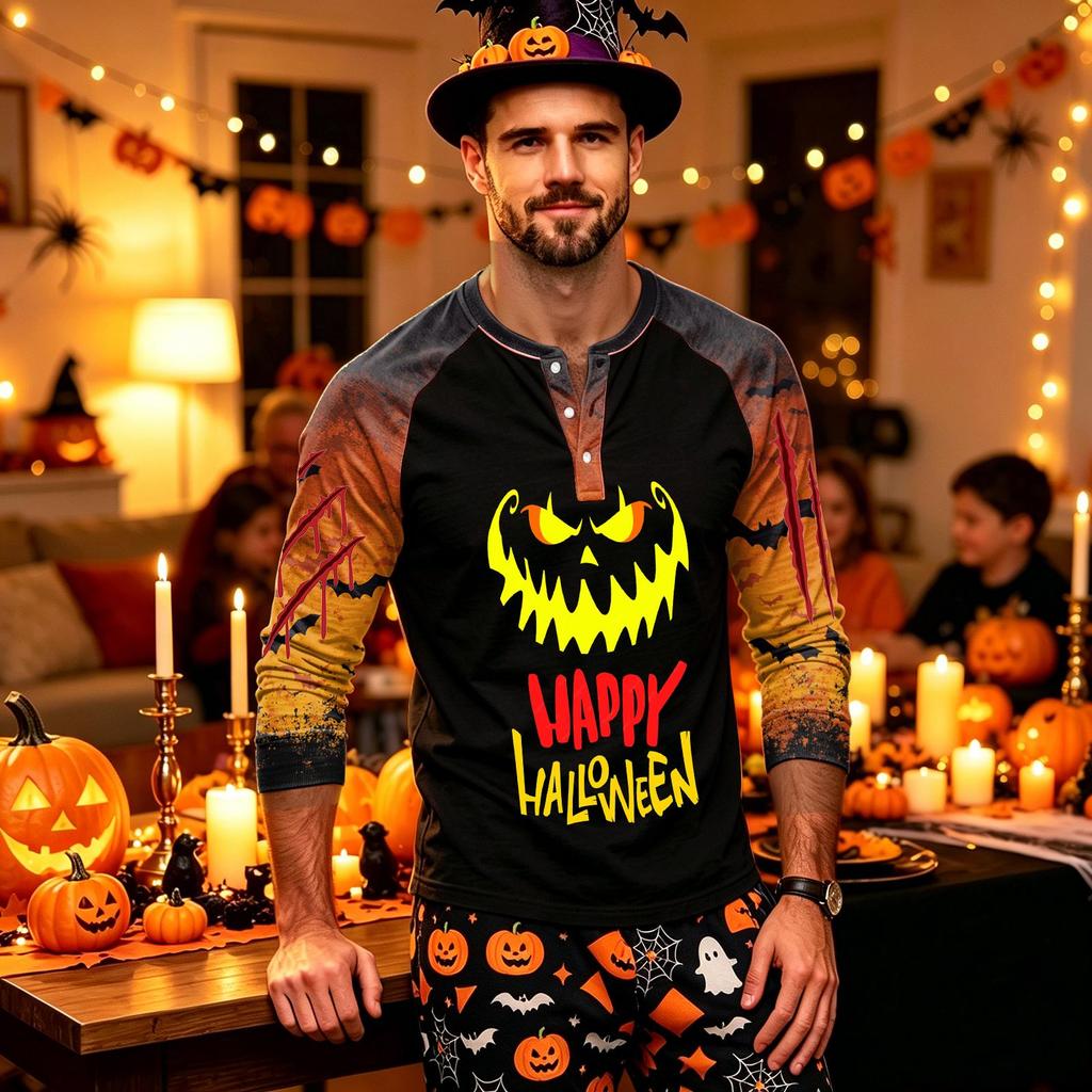 Men's Long Sleeve Shirt with Halloween Print for Holiday Parties and Casual Wear