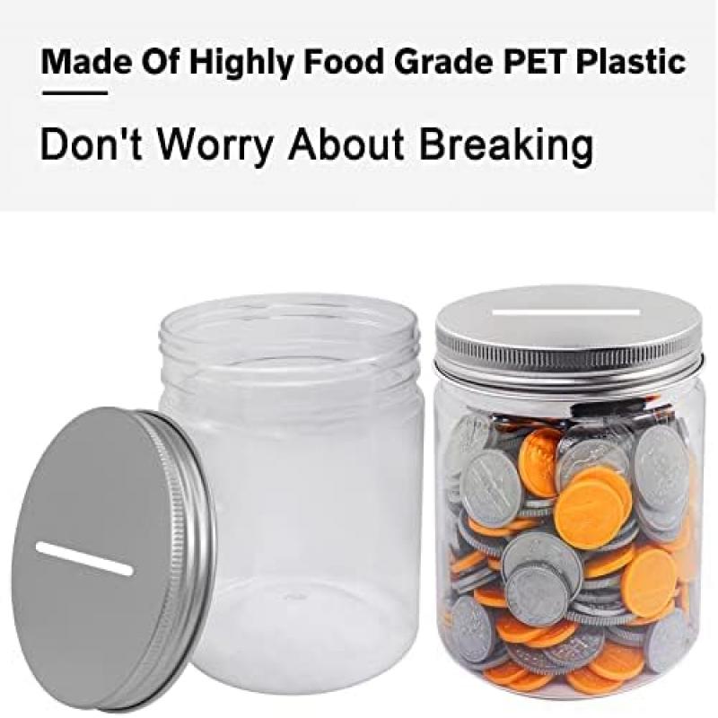 Mczcent 4-Pack Transparent Piggy Banks for Kids, Clear Coin Saving Jar Money Box, Plastic Coin Bank for Boys Girls Children, Silver