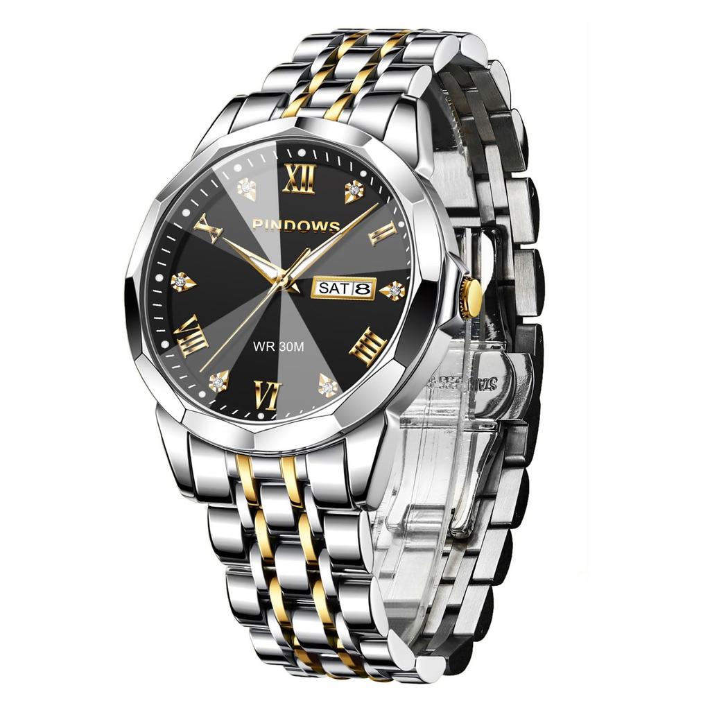 Reloj de Vestir de Lujo para Negocios PINDOWS con Cuarzo Analógico Luminoso al Agua Fecha y Correa de Acero Inoxidable para un Estilo Clásico Business Casual para Hombre