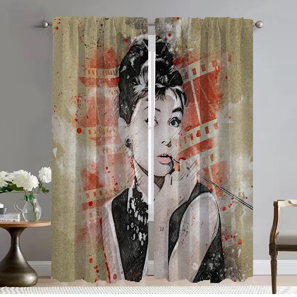 

Одри Хепберн Хэллоуин украшения шторы детская комната перегородка затемняющие шторы для комнаты 2 панели тюля для спальни гостиная W50xH70cmx2pcs-CL