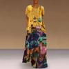 Women Spring Summer National Style Bohemian Long Dress Straight O-Neck Short Sleeve Loose Waist Print Pocket S-5XL