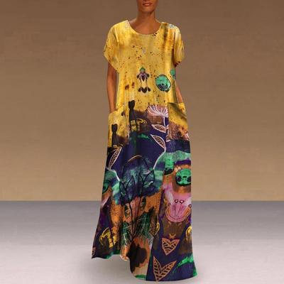 Women Spring Summer National Style Bohemian Long Dress Straight O-Neck Short Sleeve Loose Waist Print Pocket S-5XL