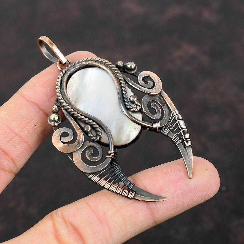 Black Mother Of Pearl Pendant Copper Wire Wrapped Pendant Gemstone Pendant Copper Jewelry Handmade Pendant Wire Wrap Jewelry Gift For Mother