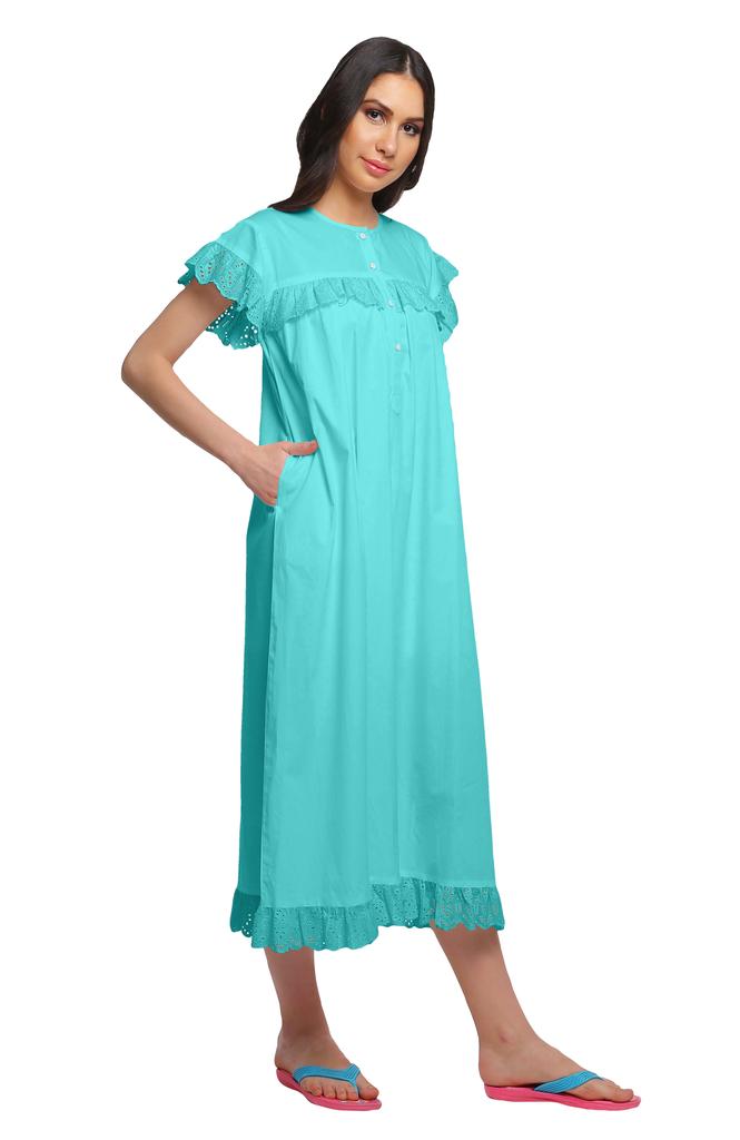 Moomaya Solid Short Sleeve Nightdress For Ladies Button Placket Nightwear