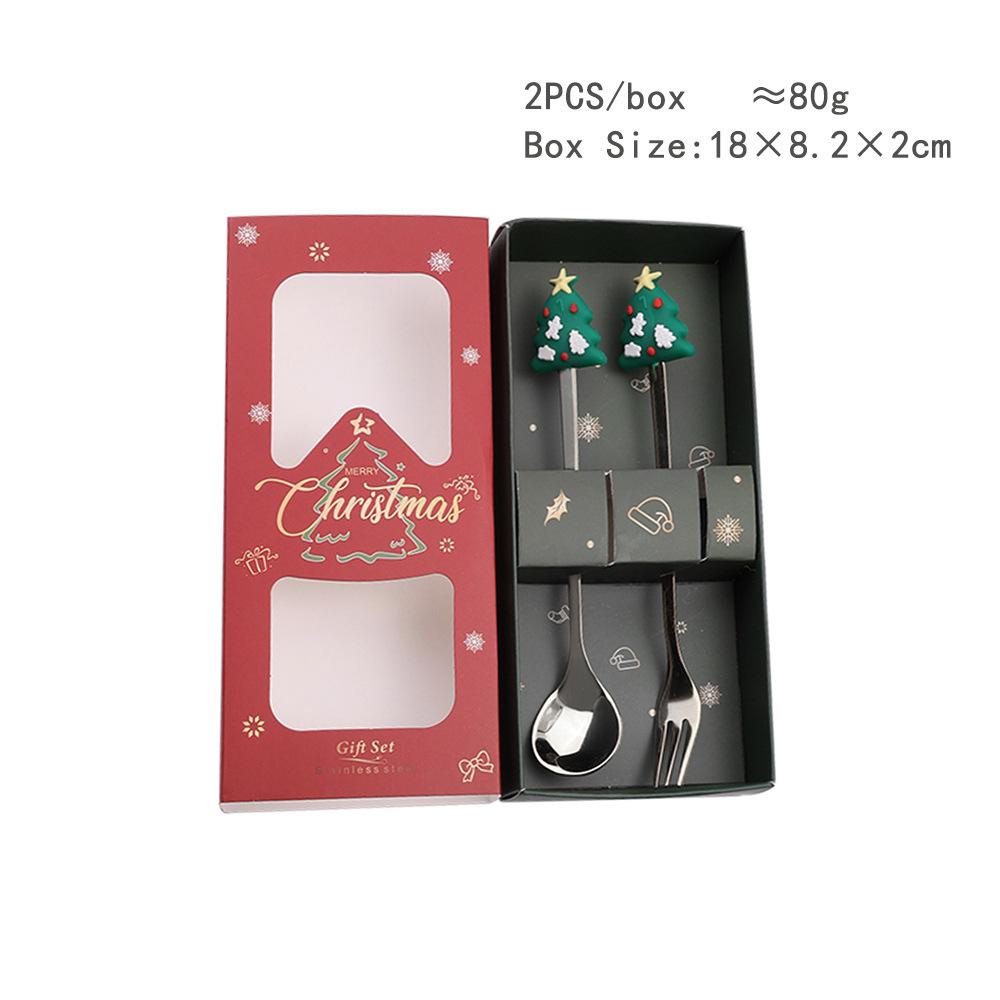 HANYANG juleskjesett julegavebestikk To sett med dessertskjeer og gafler Santa elg dukkeskje
