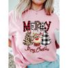 Casual Women Christmas T Shirt Fashion Cute Deer Leopard Christmas Tree Print T-shirt Cartoon Printed Short Sleeve Female T-Shir