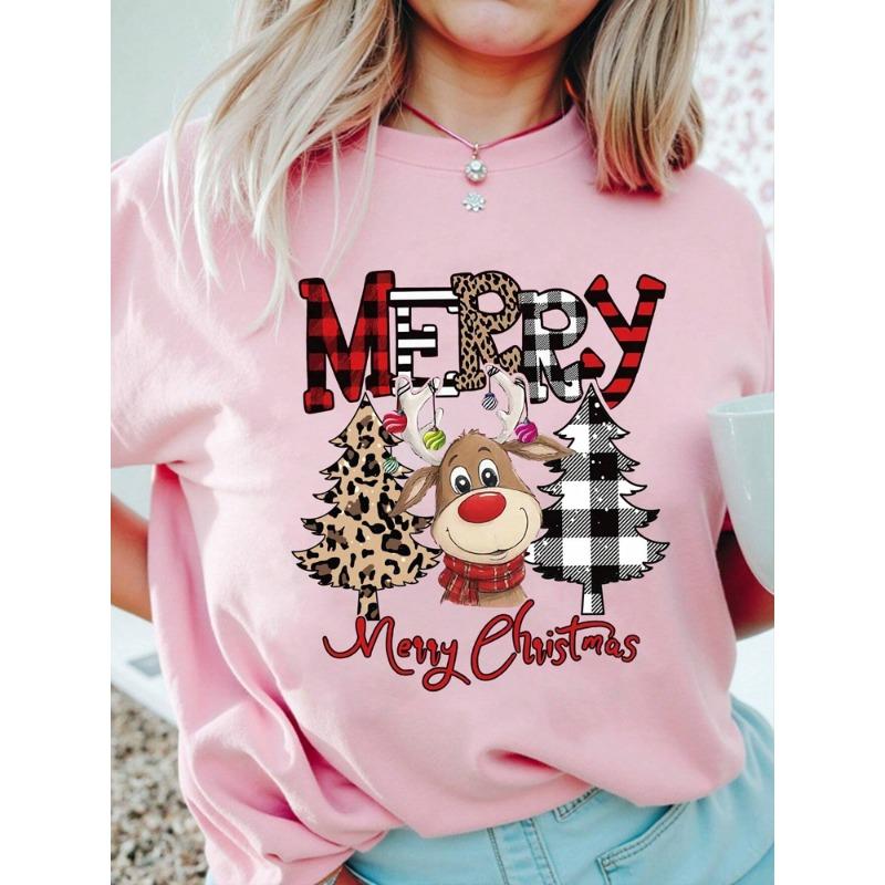 Casual Women Christmas T Shirt Fashion Cute Deer Leopard Christmas Tree Print T-shirt Cartoon Printed Short Sleeve Female T-Shir