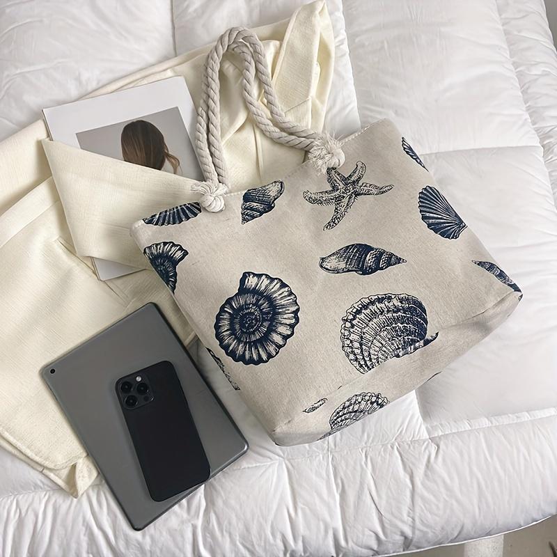Shell Pattern Canvas Tote Bag, Marine Life Pattern Travel Beach Bag, Lightweight Summer Vacation