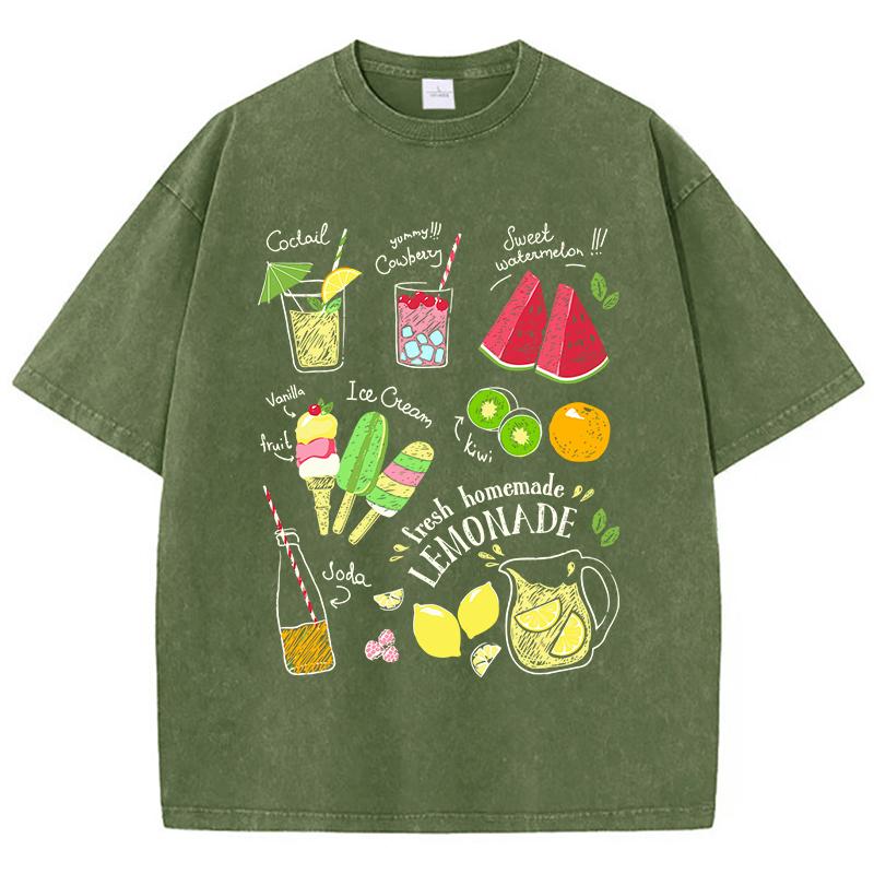 Fruit Tea Cold Drinks Ice Cream Prints Cotton Washed TShirt Women Oversize Tops Street Distressed ONeck T Shirt Summer Clothes