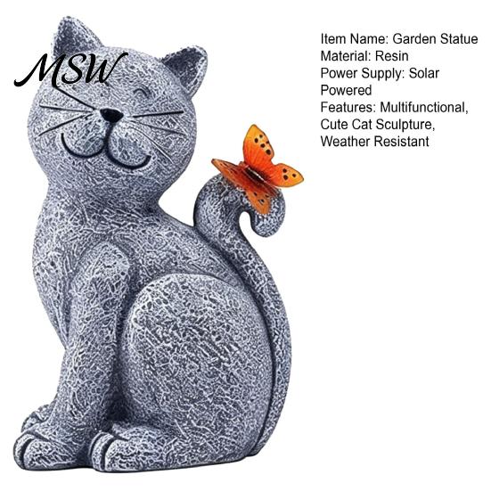 Outdoor Solar Garden Statue Cat Statue, Cute Sculpture with Butterfly Light, Induction Pathway Light Waterproof Resin Animal for Lawn Patio Yard Decor