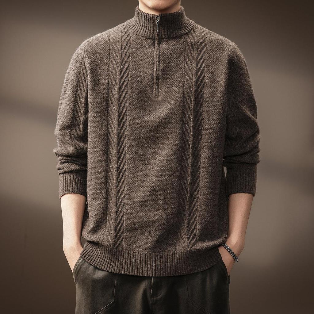 Men's High-End Half-Zip Stand Collar Sweater - Thickened Knit Jacket for Autumn/Winter