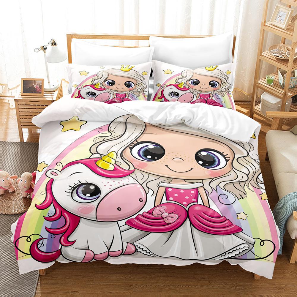 Double And Single Bed Bedding Set,Lovely Princess Unicorns,Pink Cute Bed Cover,Pillowcase,High Quality Comfort sets,2 PCs,3PCs