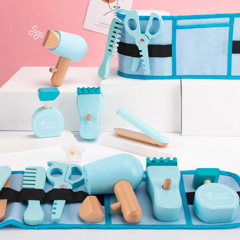 Realistic Toddler Barber Set: Wooden Hairdressing Tools with Waist Pack