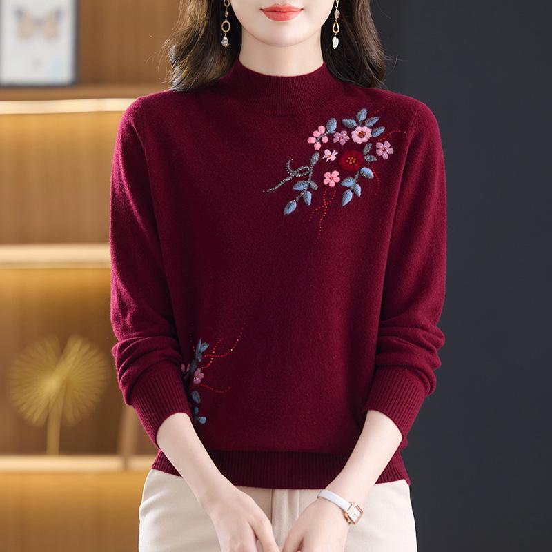 Autumn & Winter Women's 100% Pure Wool Sweater - Stylish Embroidered Half-High Neck for Middle-aged & Elderly