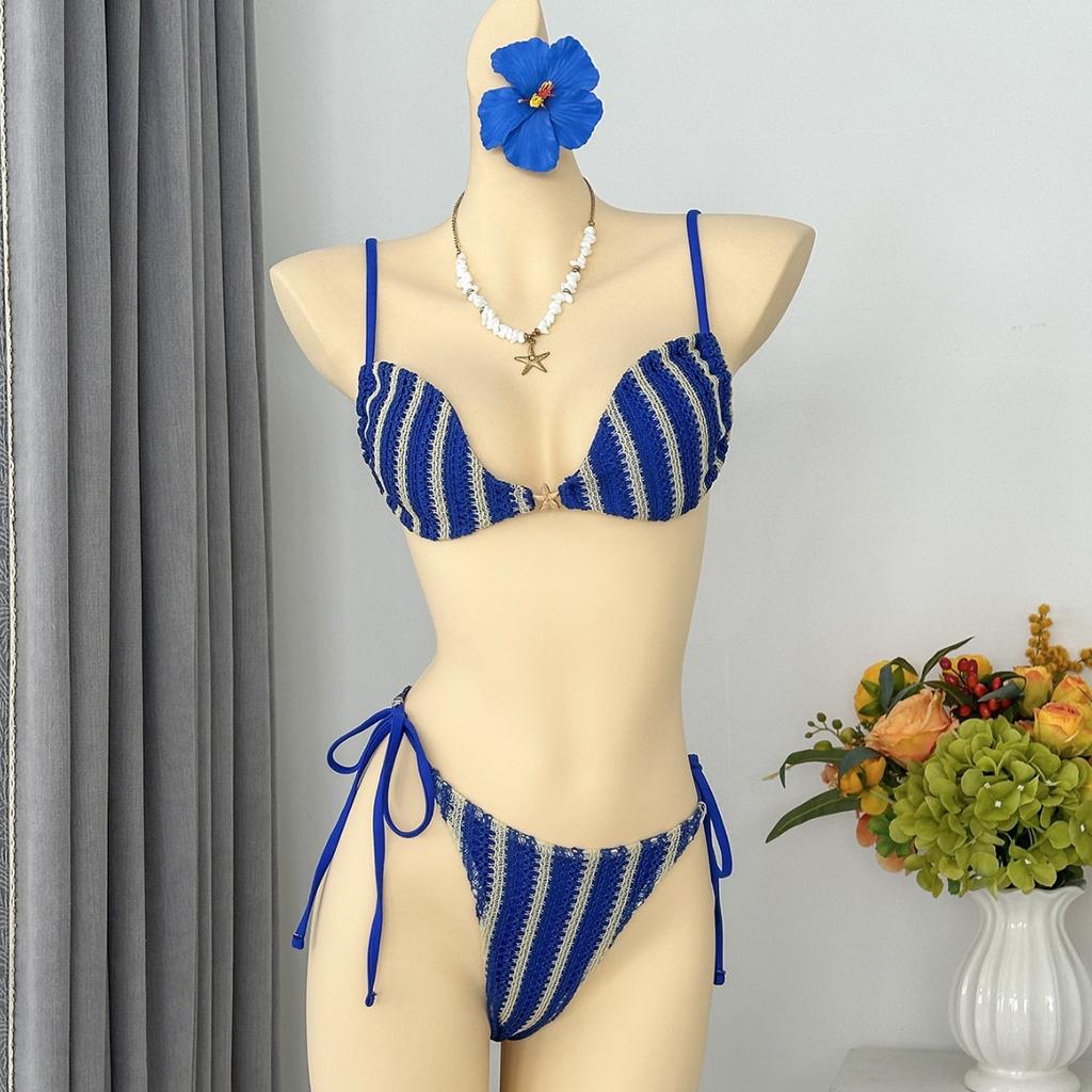 2026 European and American Sexy Striped Neck Strap Beach Vacation Ins Wind Tube Top Bikini Split Swimsuit