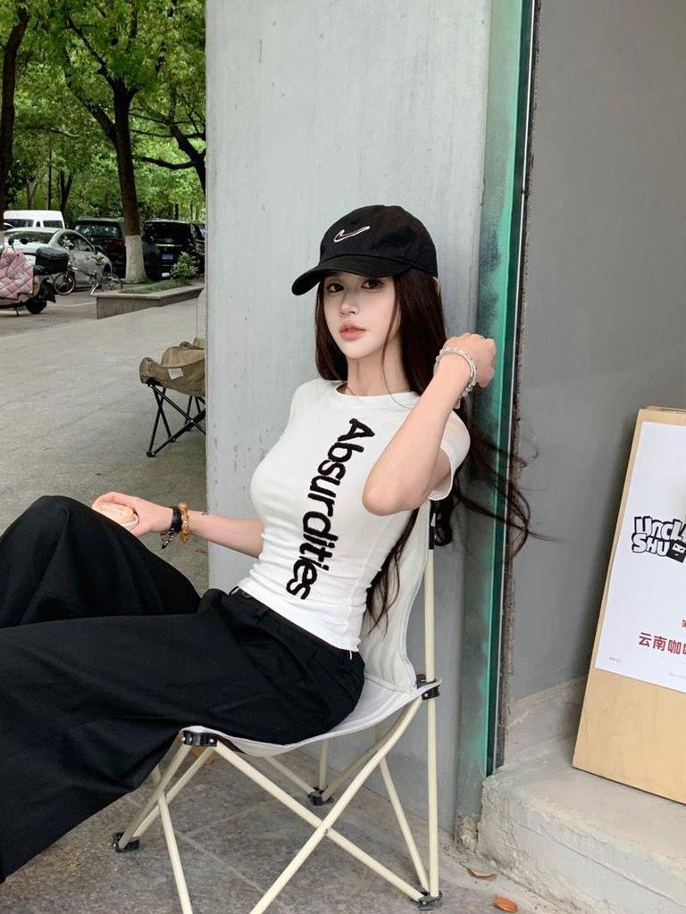 Women's Summer Slim Fit Embroidered T-Shirt - American Style, Round Neck, Short Sleeve