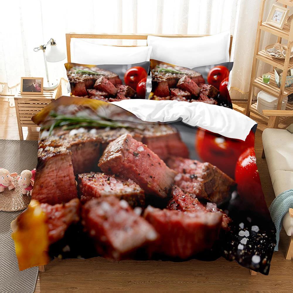2024 Beefsteak Einzel Doppel Voll Queen King Size Bettwäscheset Jungen Schlafzimmer Bettdeckenbezug 3D-Druck Gourmet-Steak