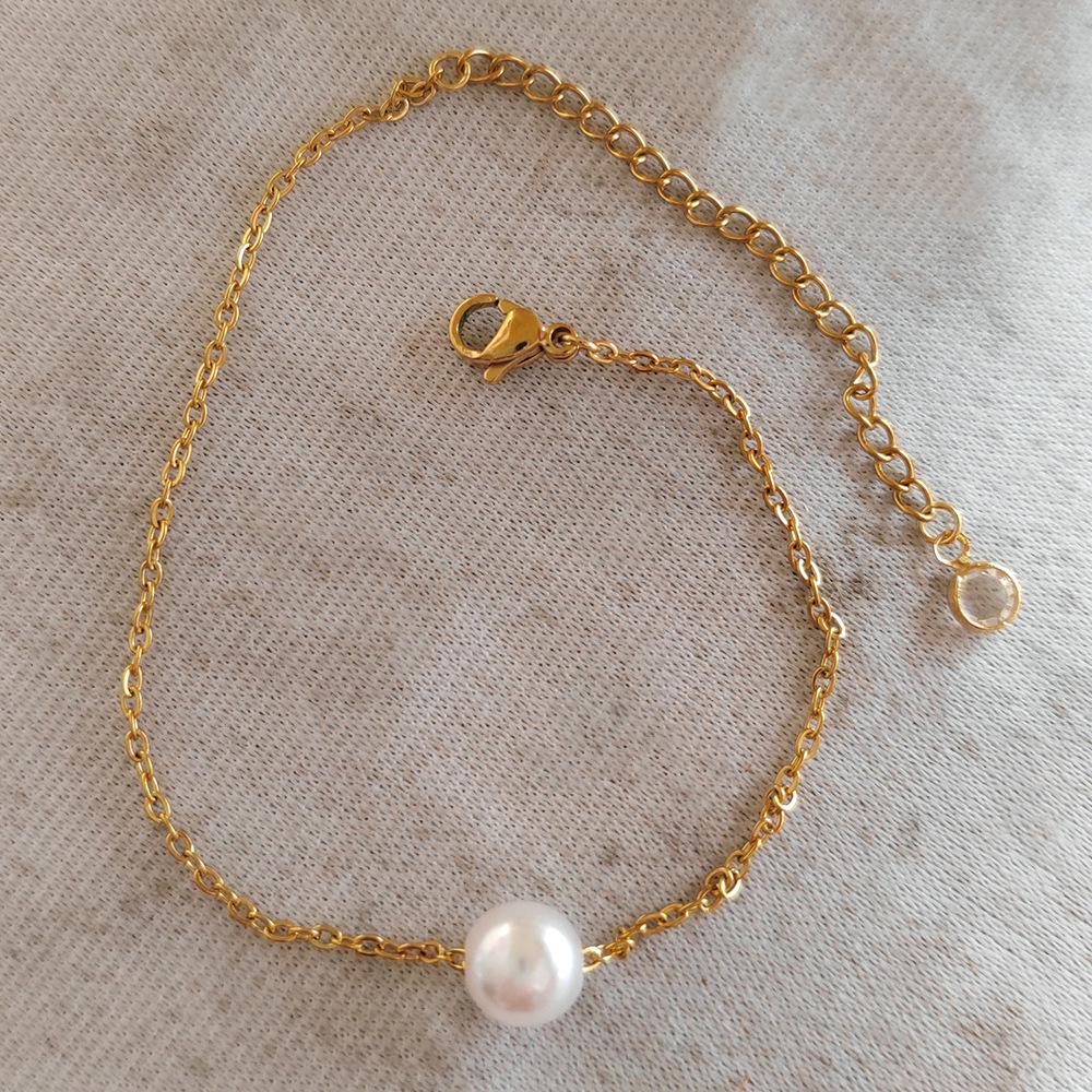 European Style Simple Single Pearl Bracelet with Stainless Steel Adjustable Chain and 8mm Faux Pearl