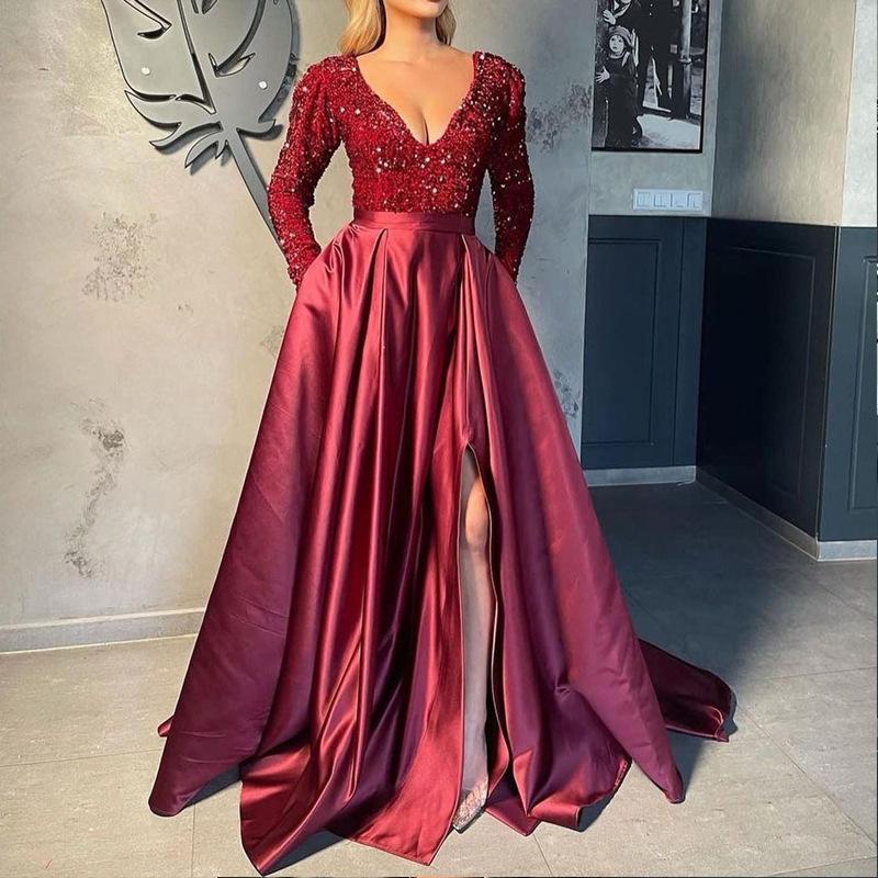 1011 Frühling und Sommer neue europäische und amerikanische Damenbekleidung Pailletten sexy langes Kleid Schleppe Bankett Abendkleid