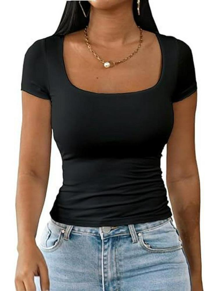 Sommermode 2026: Damen-Pullover-Top mit schmaler Silhouette, kurzen Ärmeln und U-Ausschnitt, lässig und bequem