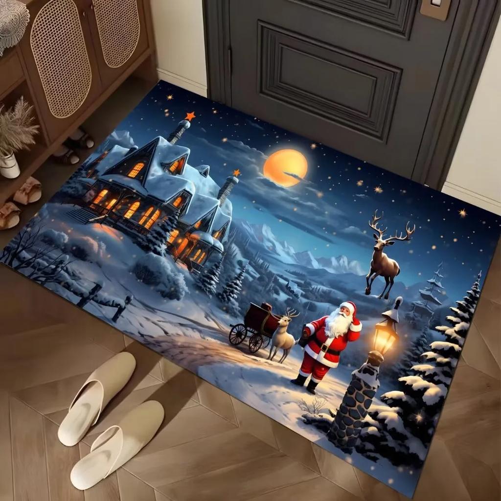 Christmas Tree Palace Santa Claus Carpet Festival Living Room Sofa Bedroom Study Kitchen Entrance Door Rug Non-slip Decor Mat