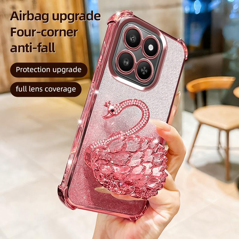 KEYSION Shockproof Plating TPU Phone Case for HONOR X7d 5G Glitter Jewelled Swan kickstand Back Cover for Honor 400 Smart 5G