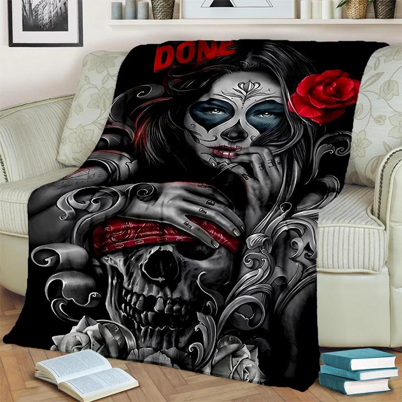 Gotisch Schedel Gezicht Roos Vrouw Verschrikkelijke Cartoon Deken, Zachte Plaid Deken voor Huis Slaapkamer Bed Bank Reis Picknick Cover Kinder Cadeau