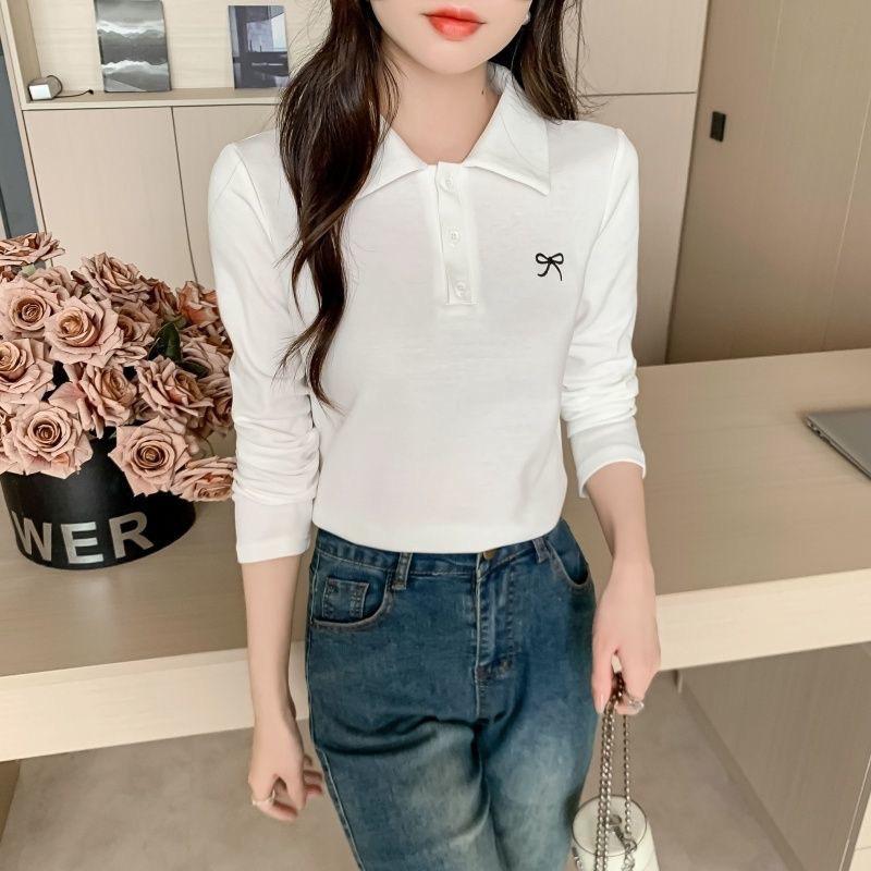 POLO shirt, spring and autumn 2026 new model, base shirt with bow embroidery, women's slim-fit t-shirt