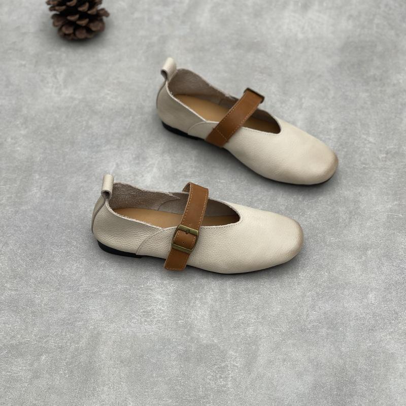 

Retro Genuine Leather Shoes with A Spring and Autumn One-line Strap Fashionable and Casual Soft Cowhide Flat Shoes 35 белый