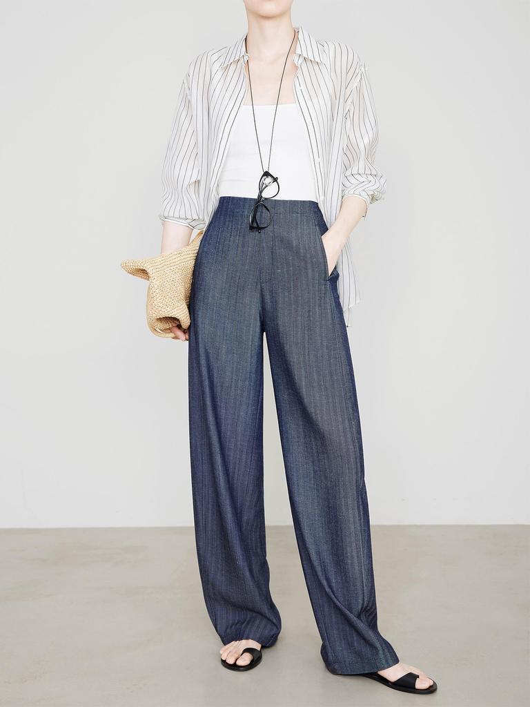 Women's Anti-Wrinkle Tencel Linen Pants, Spring/Summer, Loose Herringbone, Wide-Leg Design, Original Linen Color, Style 7896.