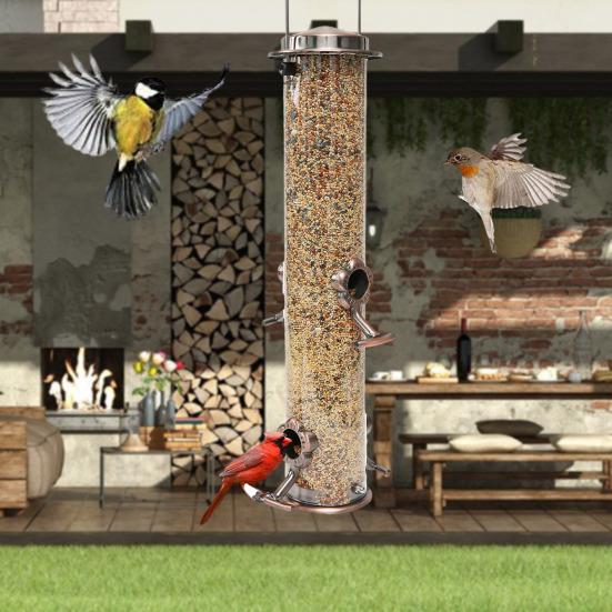 Hrănitor pentru păsări din metal, suspendat în aer liber, patru porturi, capacitate mare, vizibil clar, rezistent la intemperii, dispozitiv de hrănire pentru păsări de grădină, rezistent la apă
