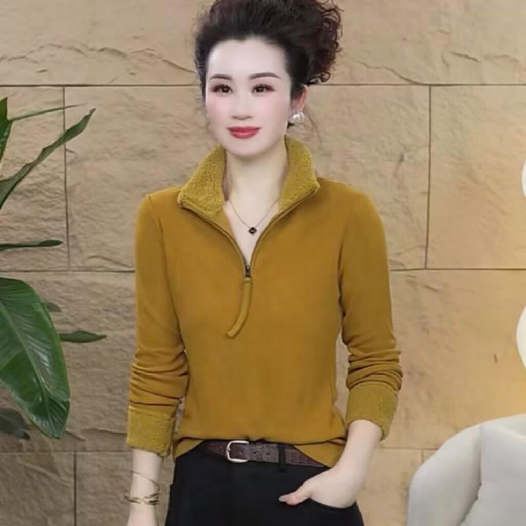 Autumn/Winter Stand Collar Half-Zip Double-Sided Fleece T-Shirt - Loose, Slimming, Versatile for Young Mothers