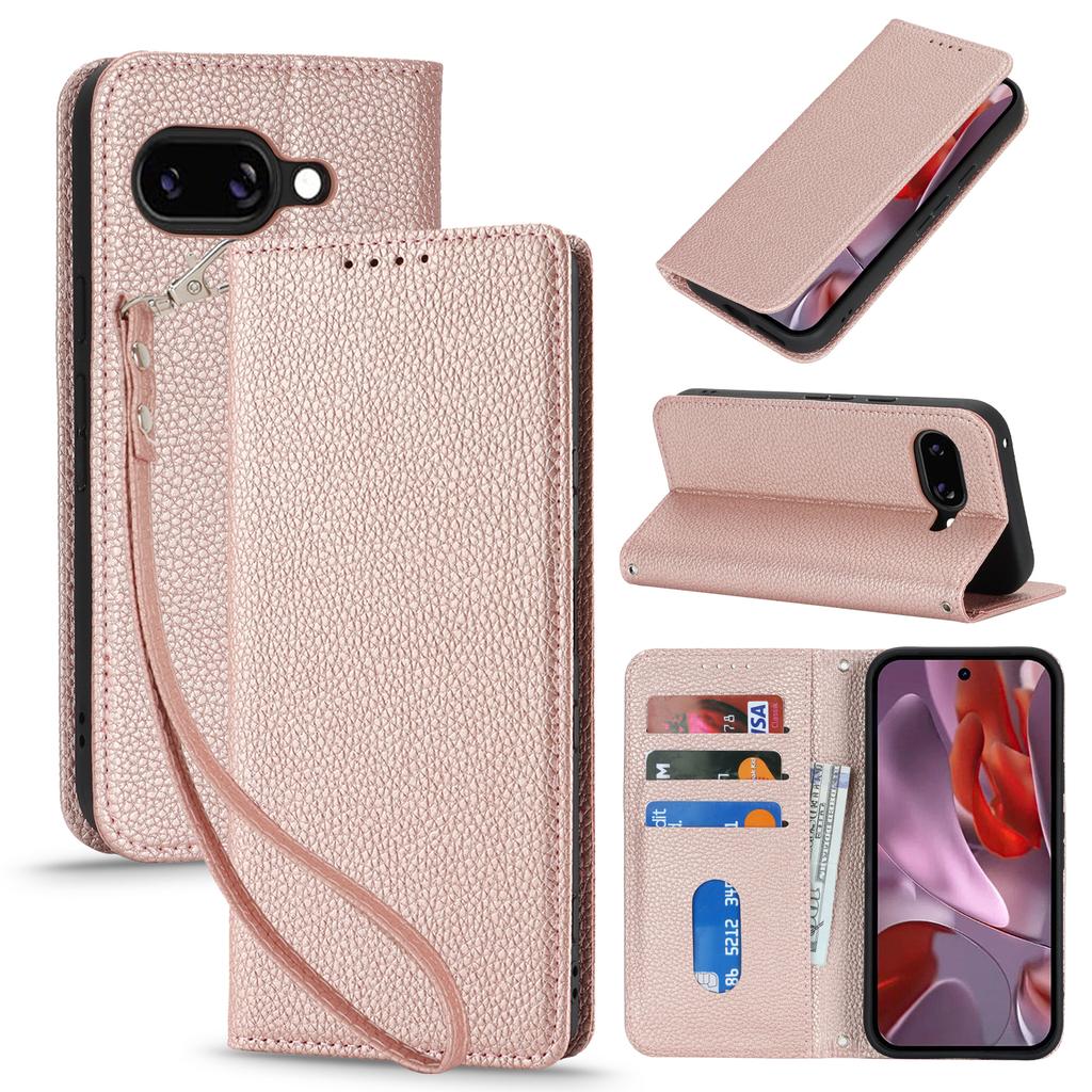For Google Pixel 9a Case Stand Wallet Litchi Texture Leather Flip Phone Cover with Strap