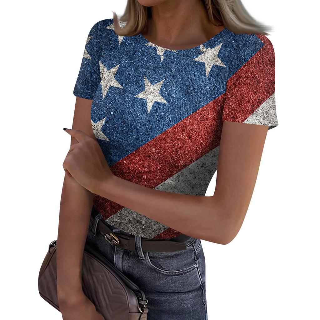 Women's Casual Fashion Round Neck Independence Day Print Short-Sleeve Ribbed Top