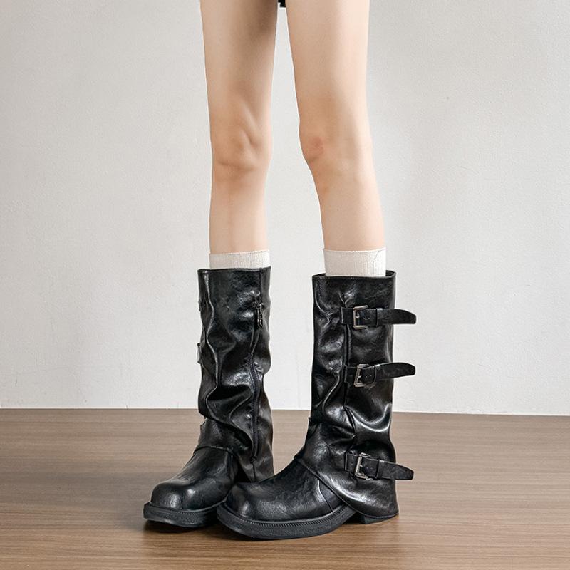2025 nouveau pantalon tube noir montant bottes tube femme bottes de chevalier cowboy occidental bottes plissées à semelle épaisse