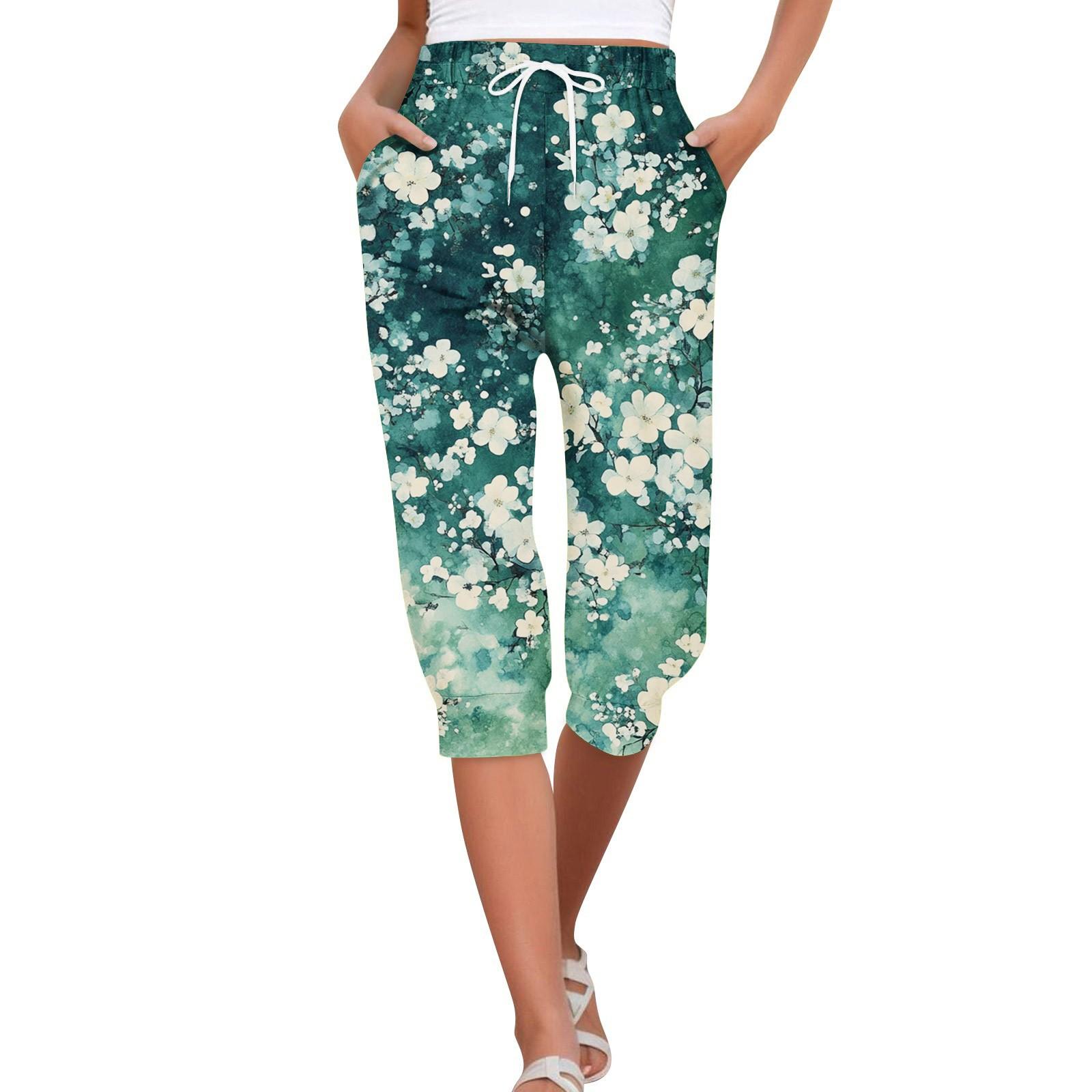 

Женские летние повседневные свободные укороченные брюки с гавайским принтом и карманами M