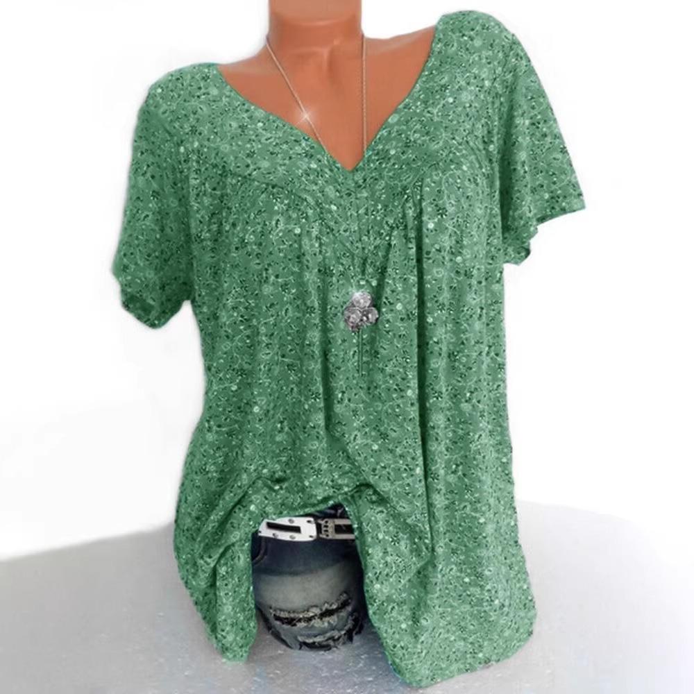 Women's V Neck Short Sleeve Tunic Top Loose Fit Casual Ditsy Floral Print Plus Size Summer Daily Blouse
