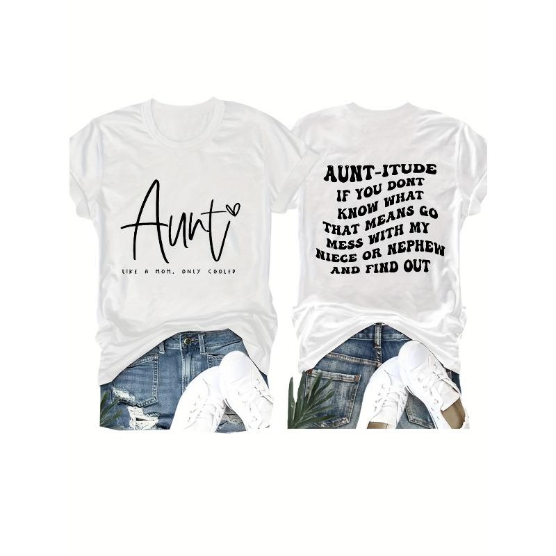Women Aunt Humor Letter Print T-Shirt Crew Neck Short Sleeve Spring Summer Family Gathering Casual Machine Washable Top