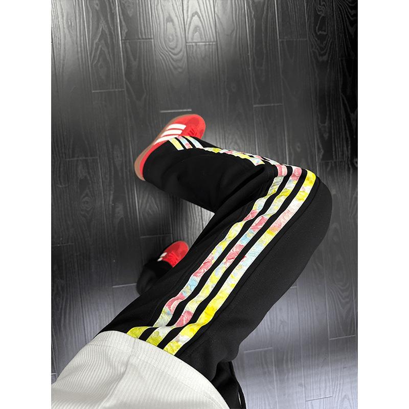 American retro color flower three-bar pants men's autumn heavy drape sweatpants straight sports casual pants
